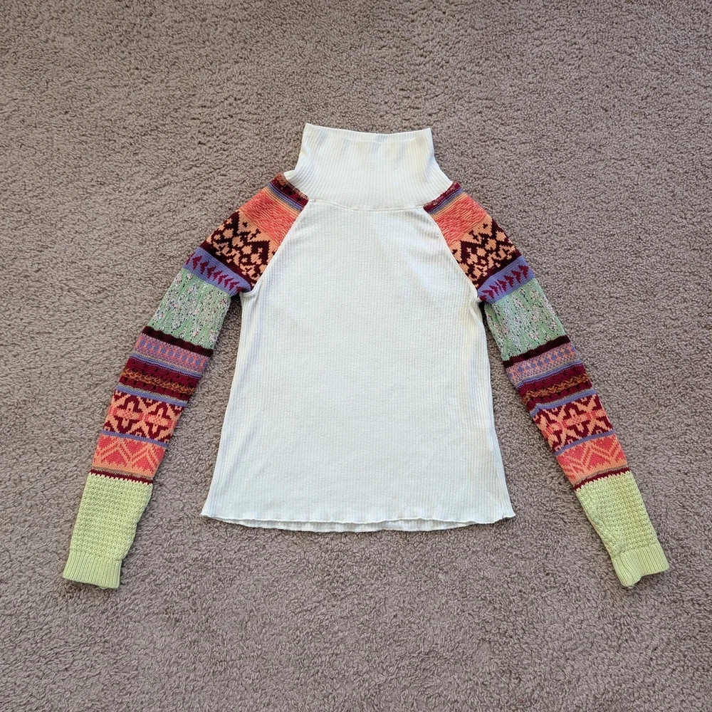 Free People Ivory Prism Ribbed Knit Sleeve Mock Neck Sweater Size XS